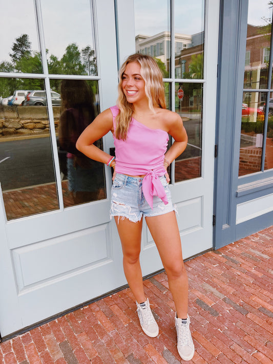 “Think Pink” One Shoulder Top